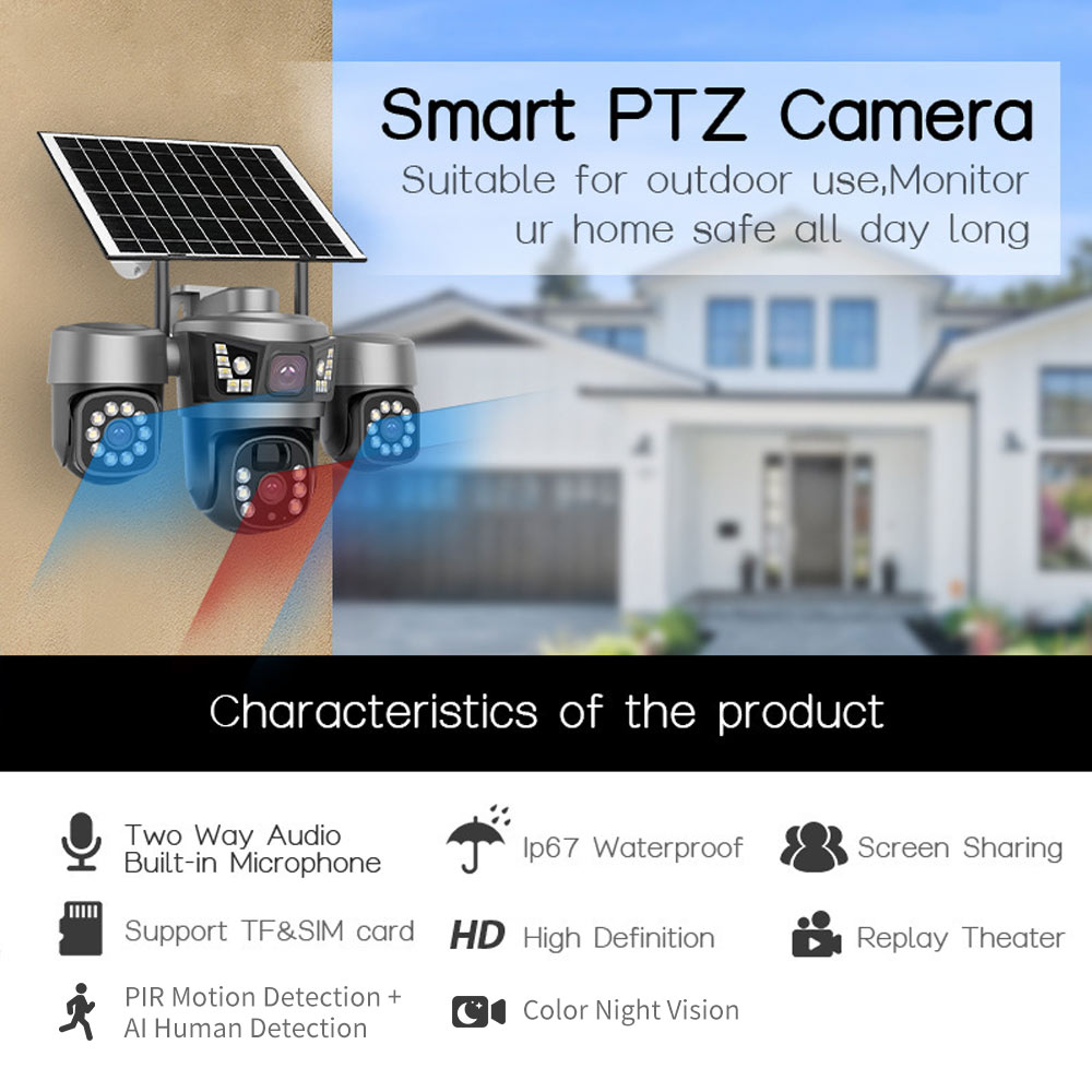 3 Lens Solar PTZ Security CCTV Camera: 6MP Ultra HD, Smart Full-Color Night Vision, 3 PTZ Lens, IP66 Waterproof, No electricity required, Solar Surveillance Camera for Yards, Garage, Orchards, Farm 3 Lens Solar PTZ Security CCTV Camera: 6MP Ultra HD, Smart Full-Color Night Vision, 3 PTZ Lens, IP66 Waterproof, No electricity required, Solar Surveillance Camera for Yards, Garage, Orchards, Farm