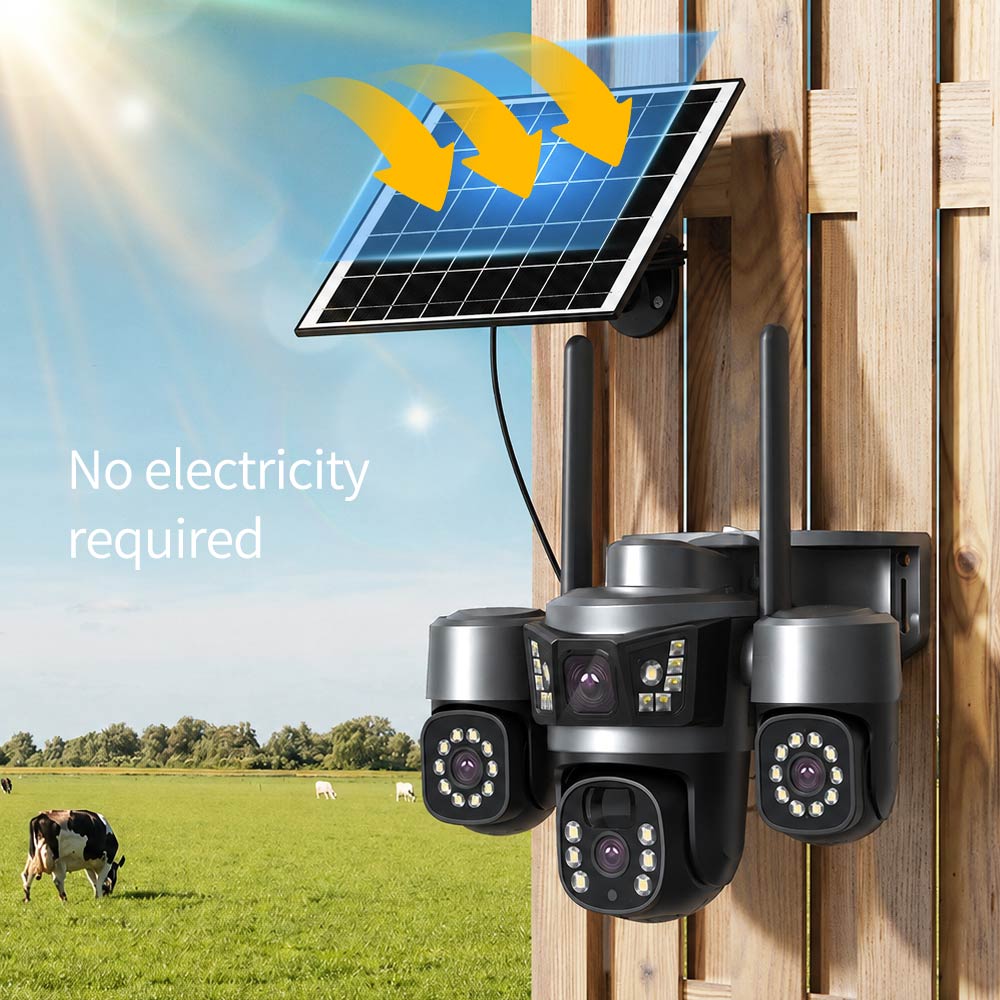 3 Lens Solar PTZ Security CCTV Camera: 6MP Ultra HD, Smart Full-Color Night Vision, 3 PTZ Lens, IP66 Waterproof, No electricity required, Solar Surveillance Camera for Yards, Garage, Orchards, Farm 3 Lens Solar PTZ Security CCTV Camera: 6MP Ultra HD, Smart Full-Color Night Vision, 3 PTZ Lens, IP66 Waterproof, No electricity required, Solar Surveillance Camera for Yards, Garage, Orchards, Farm