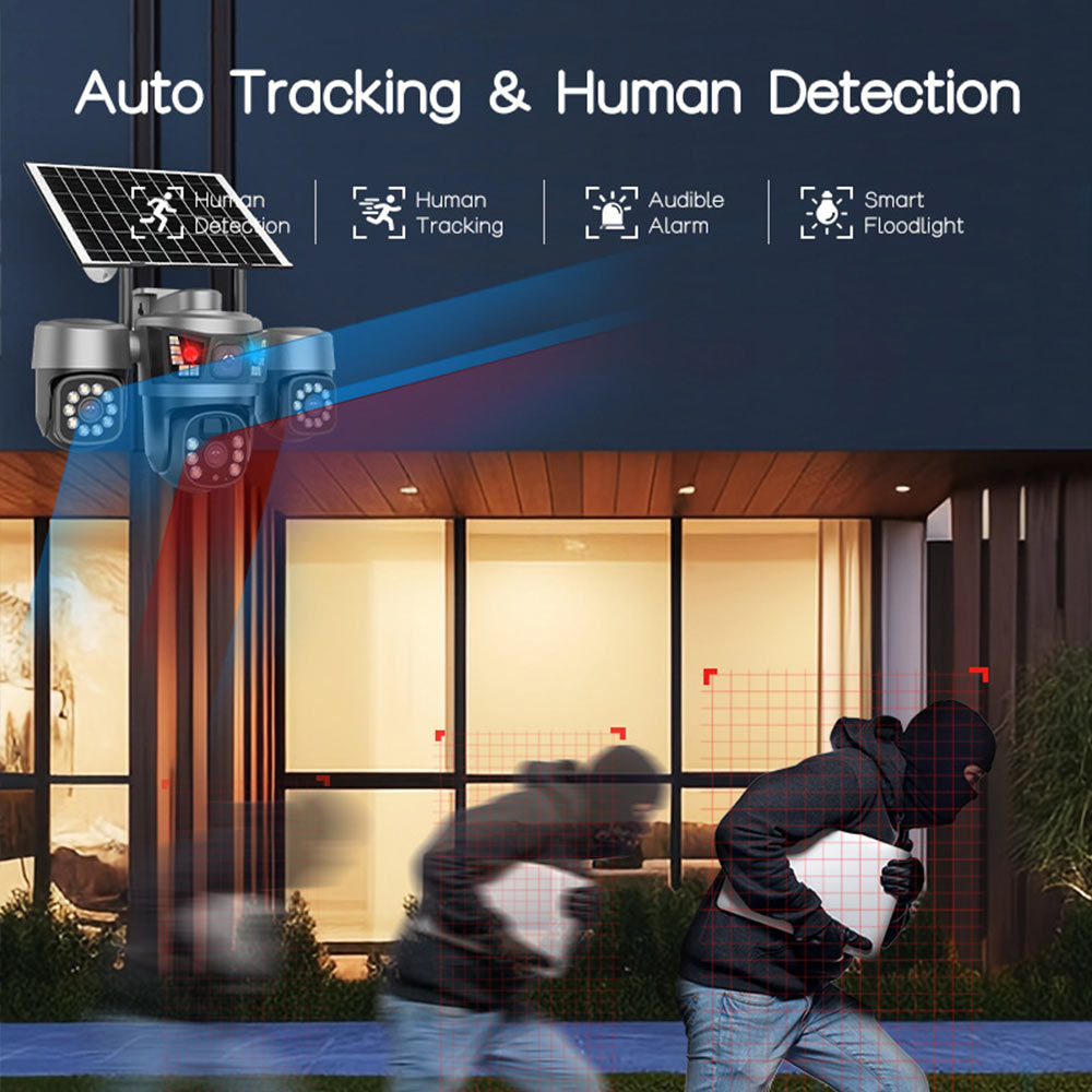 3 Lens Solar PTZ Security CCTV Camera: 6MP Ultra HD, Smart Full-Color Night Vision, 3 PTZ Lens, IP66 Waterproof, No electricity required, Solar Surveillance Camera for Yards, Garage, Orchards, Farm 3 Lens Solar PTZ Security CCTV Camera: 6MP Ultra HD, Smart Full-Color Night Vision, 3 PTZ Lens, IP66 Waterproof, No electricity required, Solar Surveillance Camera for Yards, Garage, Orchards, Farm