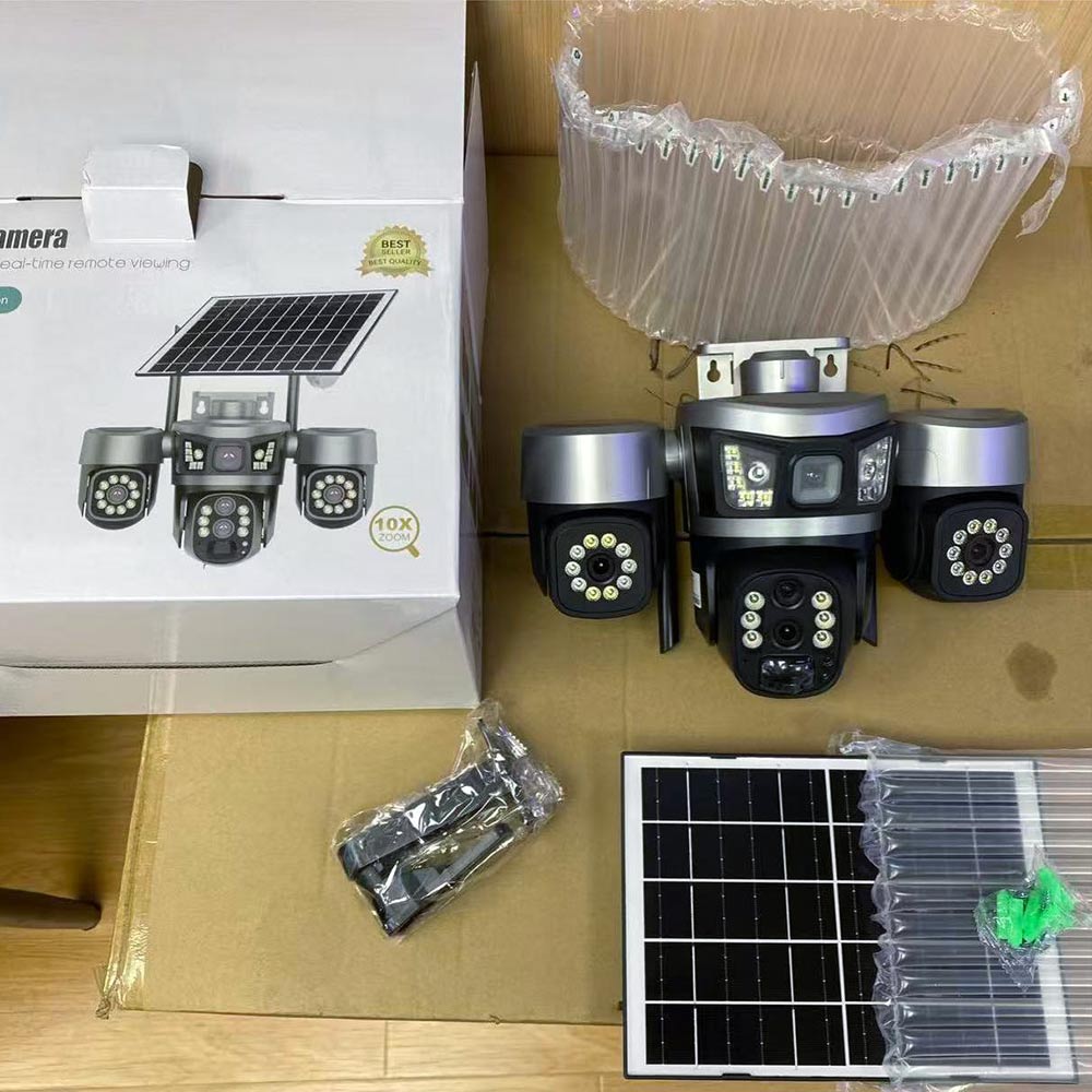 3 Lens Solar PTZ Security CCTV Camera: 6MP Ultra HD, Smart Full-Color Night Vision, 3 PTZ Lens, IP66 Waterproof, No electricity required, Solar Surveillance Camera for Yards, Garage, Orchards, Farm 3 Lens Solar PTZ Security CCTV Camera: 6MP Ultra HD, Smart Full-Color Night Vision, 3 PTZ Lens, IP66 Waterproof, No electricity required, Solar Surveillance Camera for Yards, Garage, Orchards, Farm
