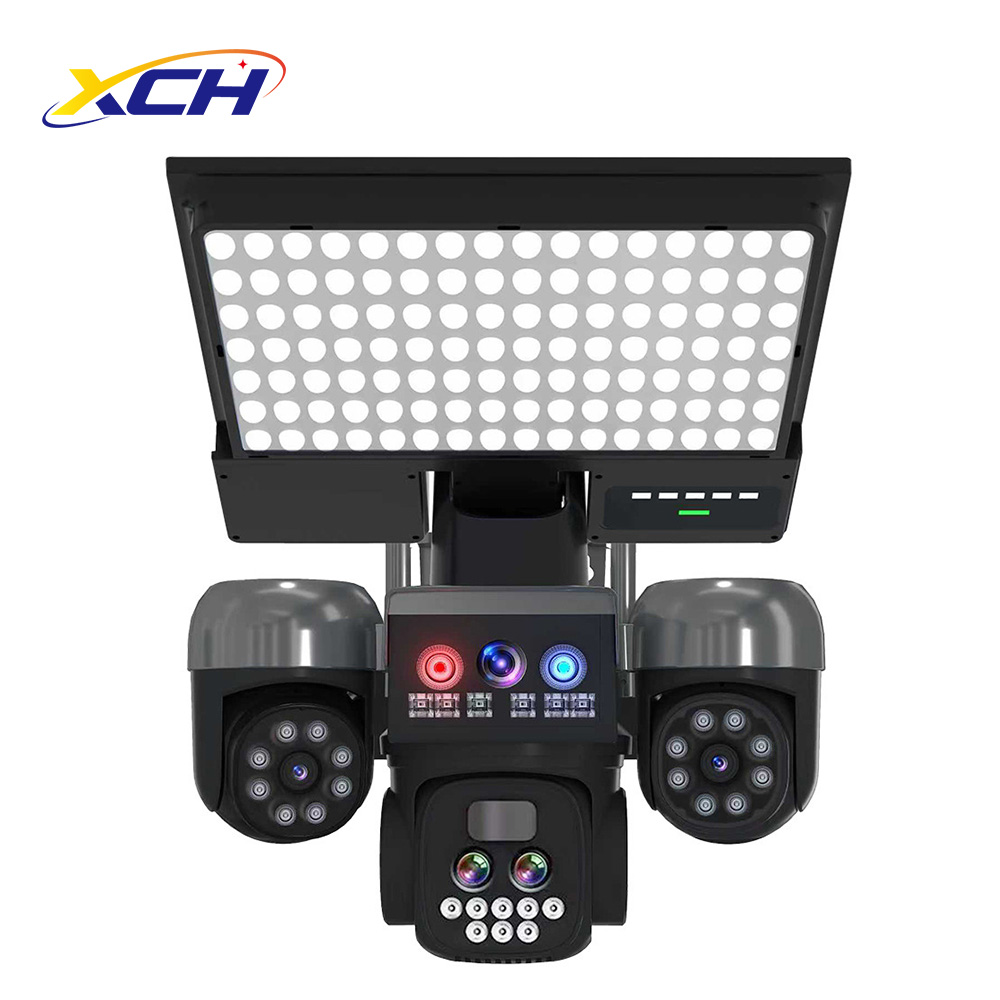3 Lens Solar PTZ Streetlight Surveillance Camera: 9MP Ultra HD, Smart Full-Color Night Vision, 3 PTZ Lens, IP66 Waterproof, 10X Digital Zoom, Two-Way Audio, No electricity required, Solar Surveillance Camera for Yards, Garage, Street