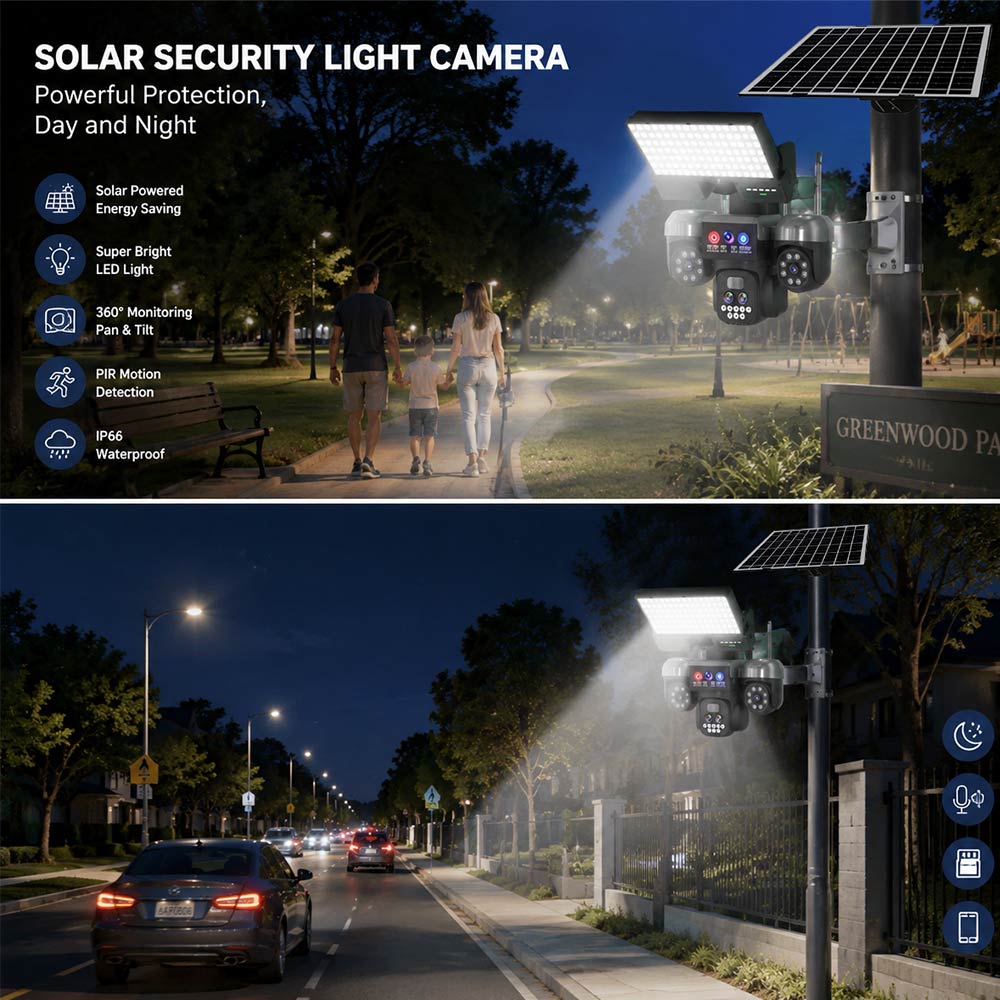 3 Lens Solar PTZ Streetlight Surveillance Camera: 9MP Ultra HD, Smart Full-Color Night Vision, 3 PTZ Lens, IP66 Waterproof, 10X Digital Zoom, Two-Way Audio, No electricity required, Solar Surveillance Camera for Yards, Garage, Street 3 Lens Solar PTZ Streetlight Surveillance Camera: 9MP Ultra HD, Smart Full-Color Night Vision, 3 PTZ Lens, IP66 Waterproof, 10X Digital Zoom, Two-Way Audio, No electricity required, Solar Surveillance Camera for Yards, Garage, Street