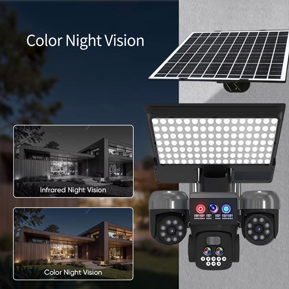 3 Lens Solar PTZ Streetlight Surveillance Camera: 9MP Ultra HD, Smart Full-Color Night Vision, 3 PTZ Lens, IP66 Waterproof, 10X Digital Zoom, Two-Way Audio, No electricity required, Solar Surveillance Camera for Yards, Garage, Street 3 Lens Solar PTZ Streetlight Surveillance Camera: 9MP Ultra HD, Smart Full-Color Night Vision, 3 PTZ Lens, IP66 Waterproof, 10X Digital Zoom, Two-Way Audio, No electricity required, Solar Surveillance Camera for Yards, Garage, Street