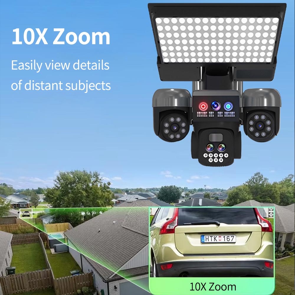 3 Lens Solar PTZ Streetlight Surveillance Camera: 9MP Ultra HD, Smart Full-Color Night Vision, 3 PTZ Lens, IP66 Waterproof, 10X Digital Zoom, Two-Way Audio, No electricity required, Solar Surveillance Camera for Yards, Garage, Street 3 Lens Solar PTZ Streetlight Surveillance Camera: 9MP Ultra HD, Smart Full-Color Night Vision, 3 PTZ Lens, IP66 Waterproof, 10X Digital Zoom, Two-Way Audio, No electricity required, Solar Surveillance Camera for Yards, Garage, Street