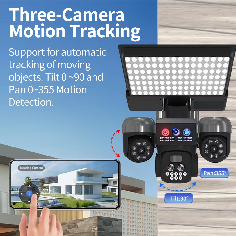 3 Lens Solar PTZ Streetlight Surveillance Camera: 9MP Ultra HD, Smart Full-Color Night Vision, 3 PTZ Lens, IP66 Waterproof, 10X Digital Zoom, Two-Way Audio, No electricity required, Solar Surveillance Camera for Yards, Garage, Street 3 Lens Solar PTZ Streetlight Surveillance Camera: 9MP Ultra HD, Smart Full-Color Night Vision, 3 PTZ Lens, IP66 Waterproof, 10X Digital Zoom, Two-Way Audio, No electricity required, Solar Surveillance Camera for Yards, Garage, Street