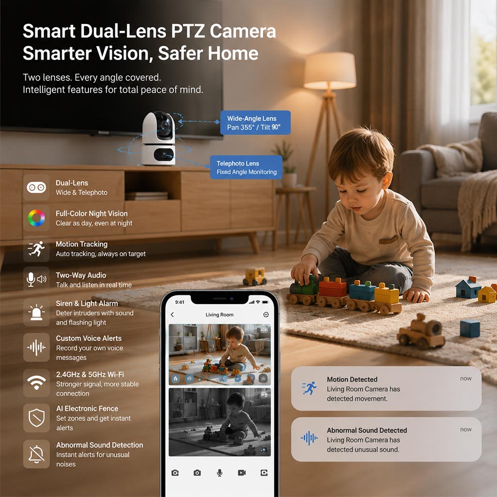 Dual-Lens Indoor WiFi PTZ Camera: Smart Dual-Lens Home Security Camera, Indoor WiFi PTZ Security Camera, AI Dual-Lens Indoor Camera, Wireless Dual-Lens Home Monitoring Camera, Two-Way Audio, 24/7 Baby Monitor-Cat-Dog-Pet Camera Dual-Lens Indoor WiFi PTZ Camera: Smart Dual-Lens Home Security Camera, Indoor WiFi PTZ Security Camera, AI Dual-Lens Indoor Camera, Wireless Dual-Lens Home Monitoring Camera, Two-Way Audio, 24/7 Baby Monitor-Cat-Dog-Pet Camera