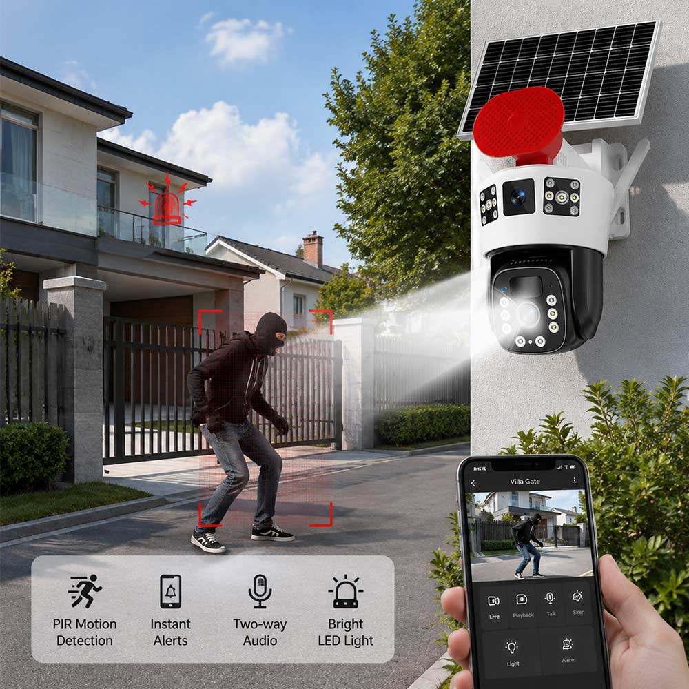 Solar PTZ Security Camera with Smart Siren Alarm: 8MP Ultra HD, Smart Full-Color Night Vision, IP66 Waterproof, No Electricity, AOV Low Power, Smart Alarms, Solar Surveillance Camera for villas, farms, warehouses, and construction sites Solar PTZ Security Camera with Smart Siren Alarm: 8MP Ultra HD, Smart Full-Color Night Vision, IP66 Waterproof, No Electricity, AOV Low Power, Smart Alarms, Solar Surveillance Camera for villas, farms, warehouses, and construction sites