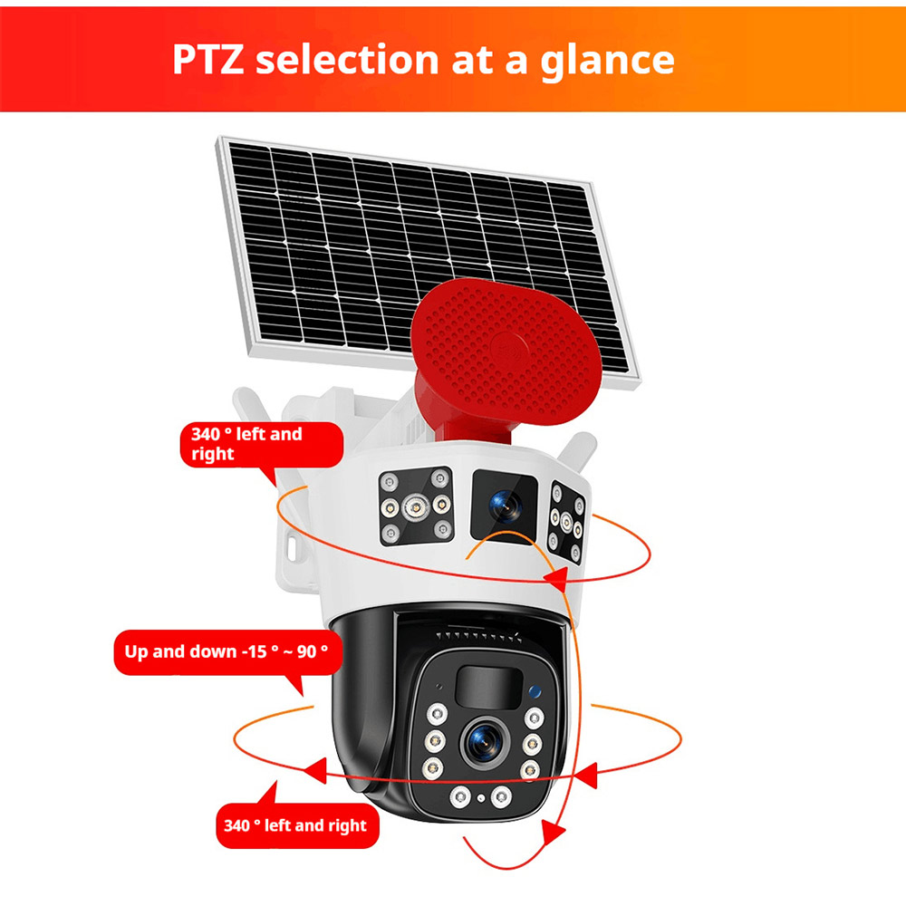 Solar PTZ Security Camera with Smart Siren Alarm: 8MP Ultra HD, Smart Full-Color Night Vision, IP66 Waterproof, No Electricity, AOV Low Power, Smart Alarms, Solar Surveillance Camera for villas, farms, warehouses, and construction sites Solar PTZ Security Camera with Smart Siren Alarm: 8MP Ultra HD, Smart Full-Color Night Vision, IP66 Waterproof, No Electricity, AOV Low Power, Smart Alarms, Solar Surveillance Camera for villas, farms, warehouses, and construction sites